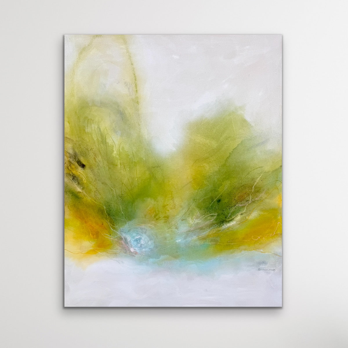 Soul Garden – Into the Light, abstraktes Gemälde in Grün, Gelb und Türkis von Kirsten Schankweiler, 100 × 80 cm