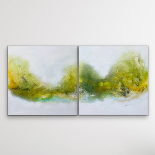 Soul Garden – A Place to Breathe von Kirsten Schankweiler, abstraktes Diptychon mit grünen und gelben Formen, türkisfarbenen Akzenten und hellen Freiflächen.